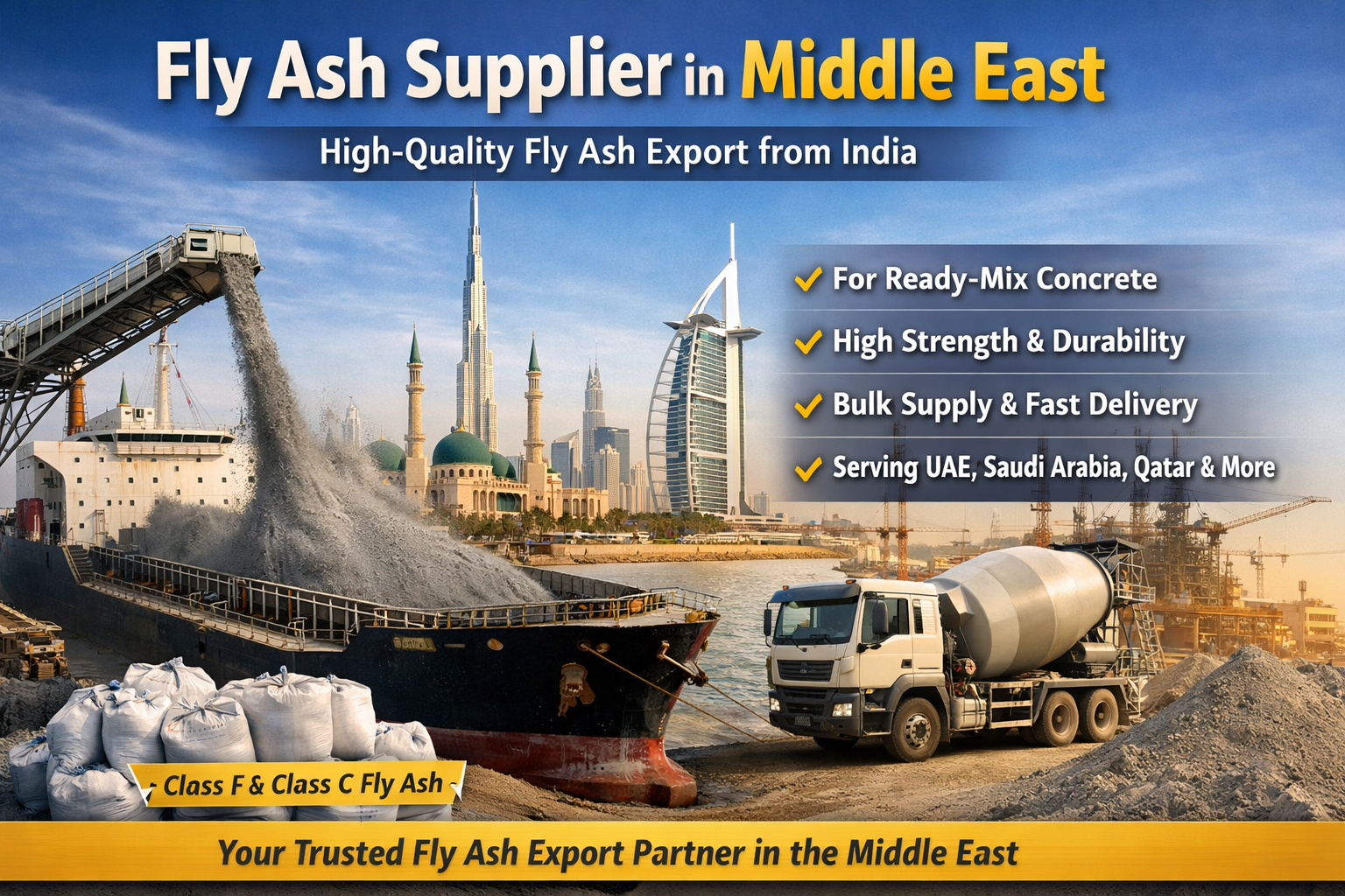 Fly ash supplier in Middle East exporting high-quality Class F and Class C fly ash from India with bulk shipment, ready-mix concrete usage, and fast delivery to UAE, Saudi Arabia, and Qatar