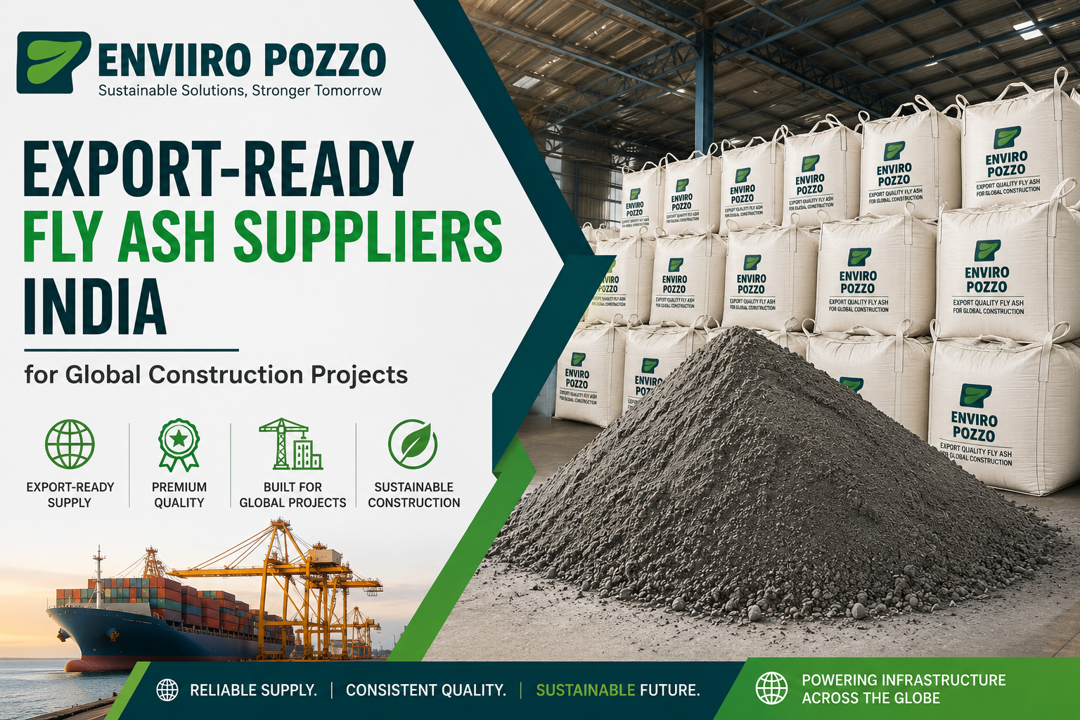 Export-ready fly ash suppliers in India for global construction projects by Enviiro Pozzo