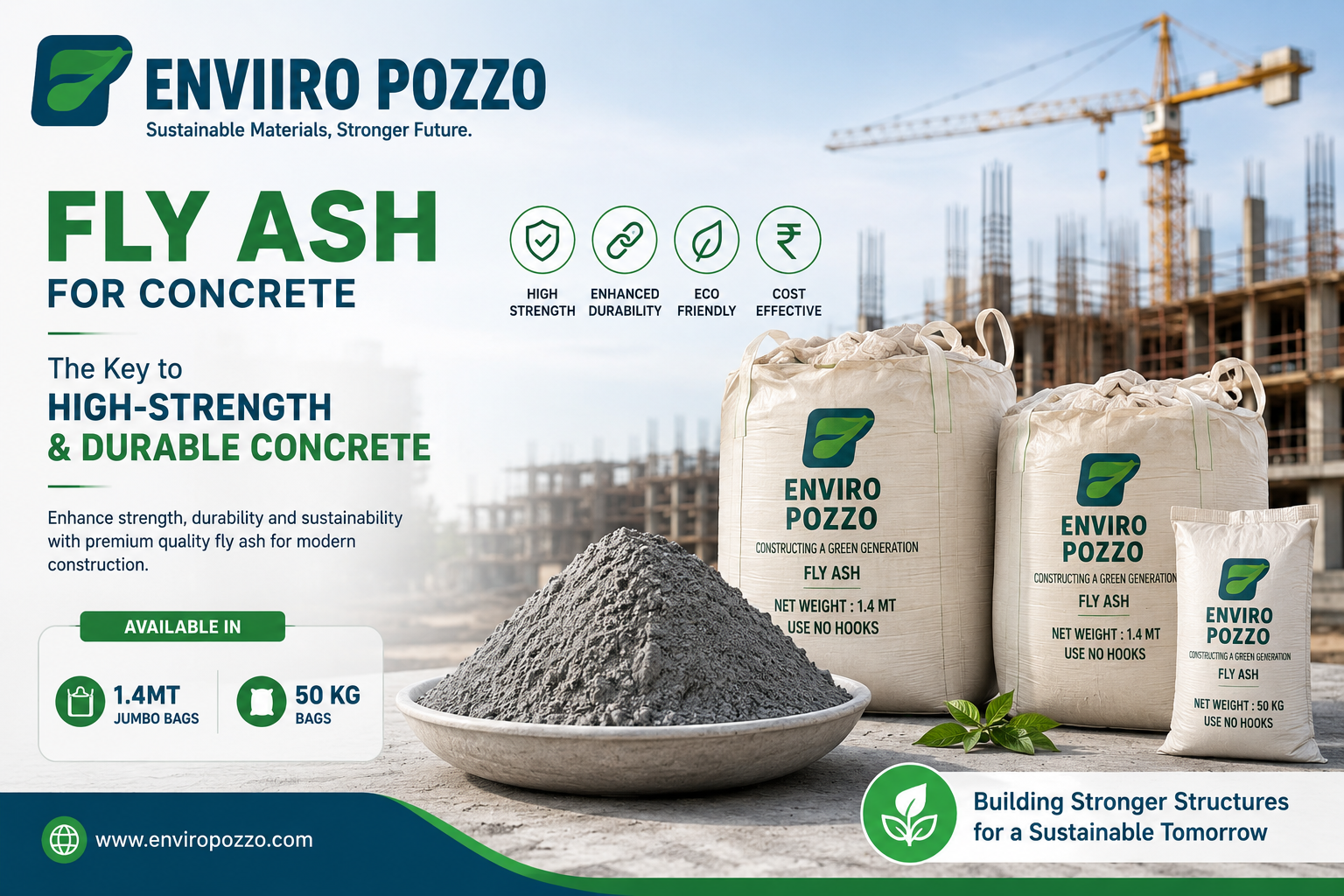 Enviiro Pozzo Fly Ash for Concrete available in 1.4 MT jumbo bags and 50 kg bags, designed for high-strength, durable, and sustainable concrete construction projects. fly ash for concrete, fly ash supplier, fly ash manufacturers, fly ash price, Class F fly ash, Class C fly ash, pozzolanic material, concrete admixture, supplementary cementitious materials, high strength concrete, durable concrete, sustainable concrete, ready mix concrete materials, fly ash in cement, fly ash applications, concrete durability, concrete strength enhancer, low carbon concrete, eco friendly building materials, green construction materials, industrial fly ash, premium fly ash supplier, fly ash for construction, fly ash for RCC, fly ash for ready mix concrete, fly ash concrete mix, concrete additives, cement replacement material, construction materials supplier, thermal power plant fly ash, bulk fly ash supplier, fly ash bulk bags, fly ash 50 kg bags, infrastructure construction materials, bridge construction materials, precast concrete materials, sustainable building solutions,