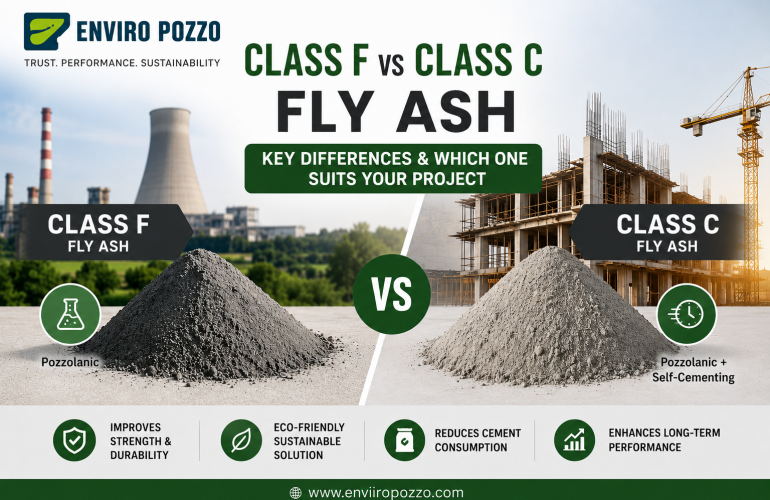 Class F vs Class C Fly Ash, Fly Ash Comparison, Class F Fly Ash, Class C Fly Ash, Fly Ash for Concrete, Pozzolanic Fly Ash, Self Cementing Fly Ash, Fly Ash Supplier India, Premium Fly Ash, Sustainable Construction Materials, Concrete Admixture, Low Carbon Building Materials, Industrial Fly Ash, Enviiro Pozzo Fly Ash, High Performance Concrete