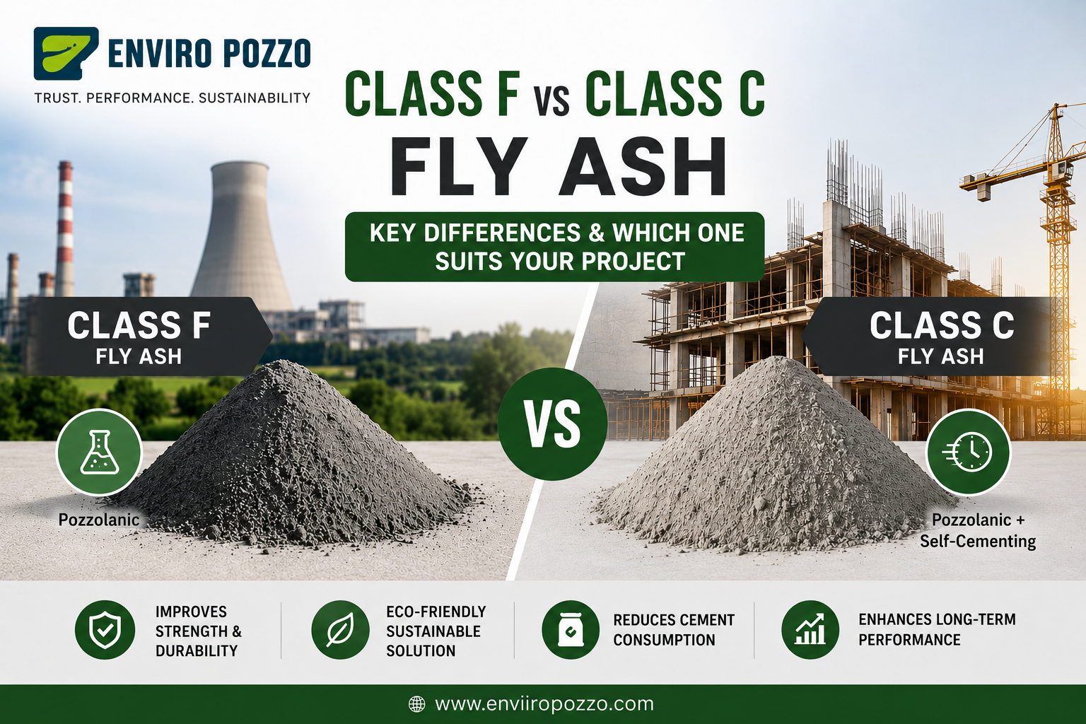 Class F vs Class C Fly Ash, Fly Ash Comparison, Class F Fly Ash, Class C Fly Ash, Fly Ash for Concrete, Pozzolanic Fly Ash, Self Cementing Fly Ash, Fly Ash Supplier India, Premium Fly Ash, Sustainable Construction Materials, Concrete Admixture, Low Carbon Building Materials, Industrial Fly Ash, Enviiro Pozzo Fly Ash, High Performance Concrete
