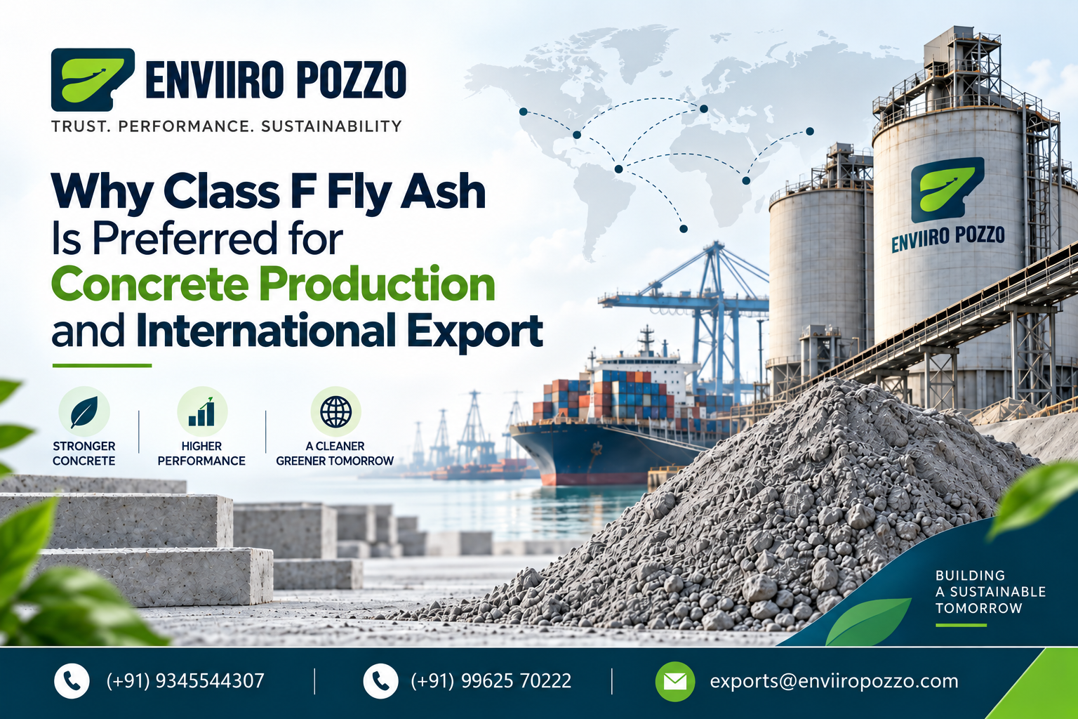 Class F fly ash for concrete production for durable and high-performance concrete applications.