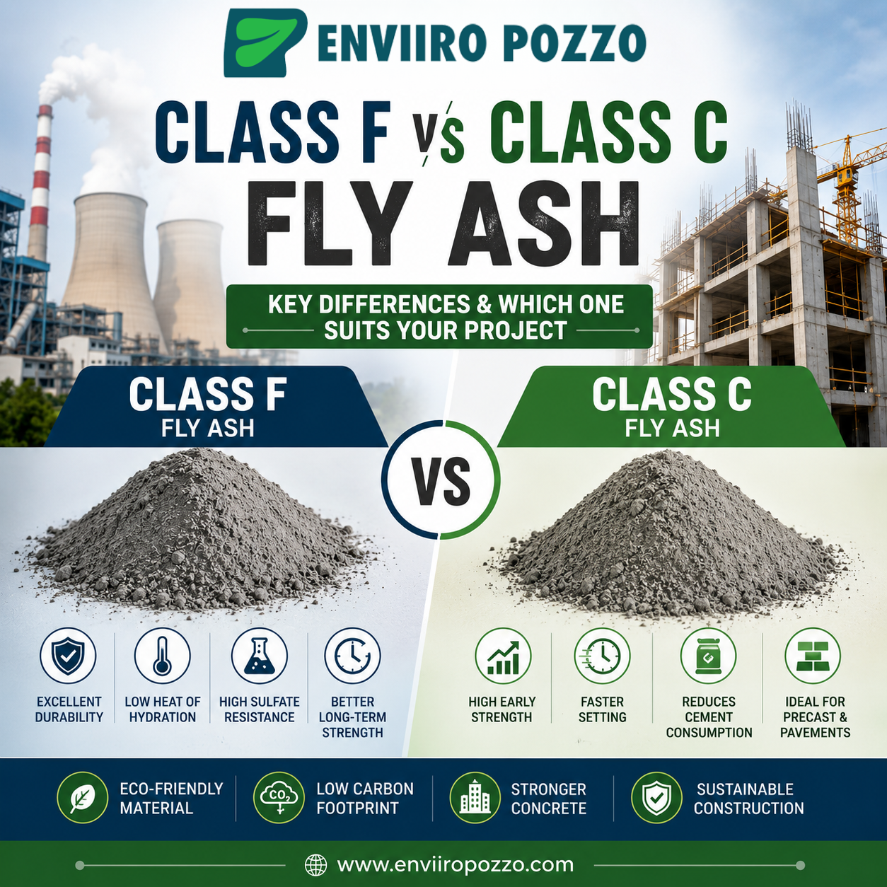 Class F vs Class C Fly Ash infographic illustrating differences, benefits, concrete applications, durability, and sustainable construction solutions by Enviiro Pozzo.