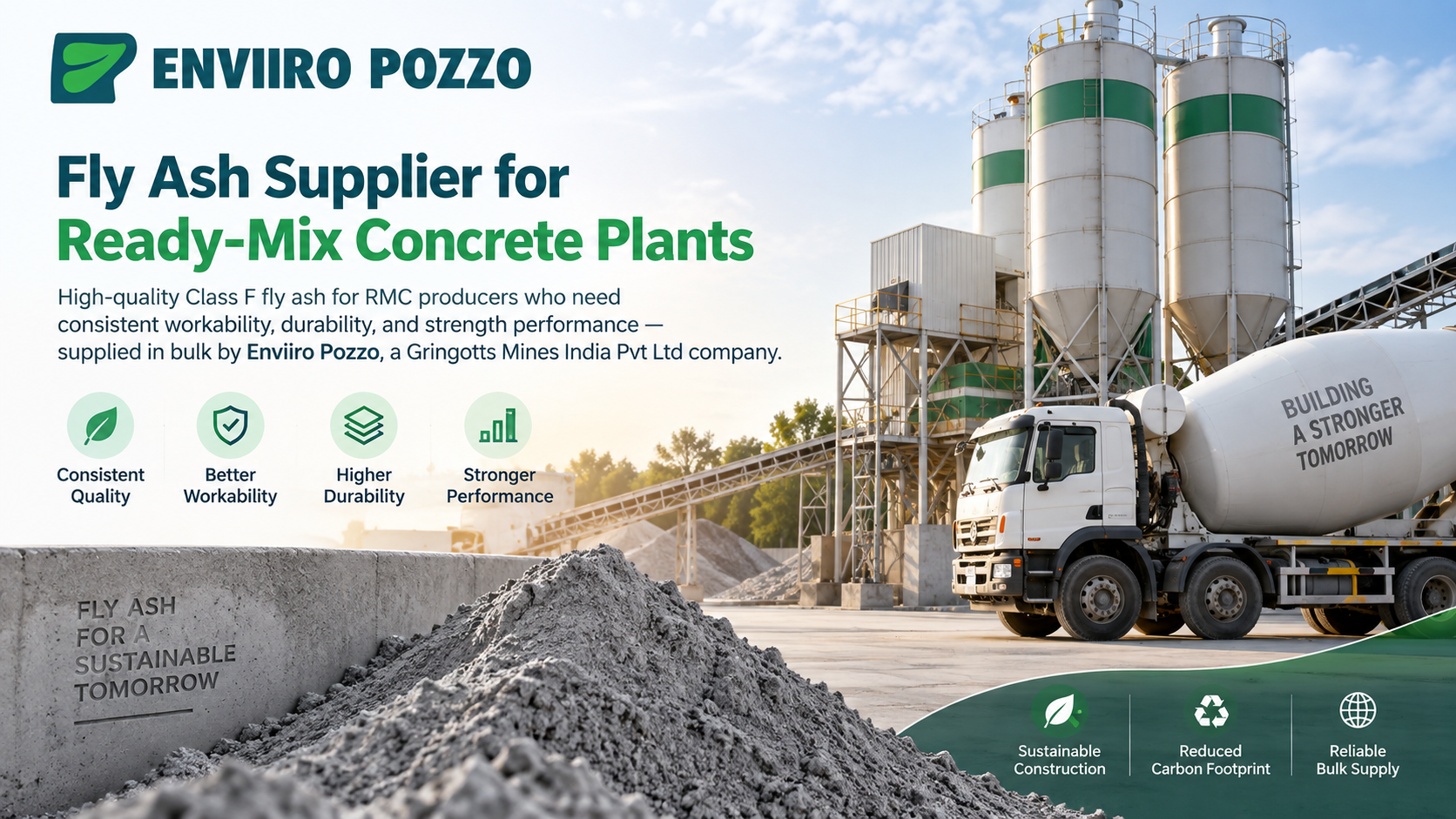 fly ash supplier for RMC plants, Class F fly ash for concrete, fly ash for concrete production, fly ash supplier India, fly ash for RMC, classified fly ash for concrete, fly ash for ready mix concrete plants, bulk fly ash supplier, Class F fly ash supplier India, fly ash for infrastructure projects