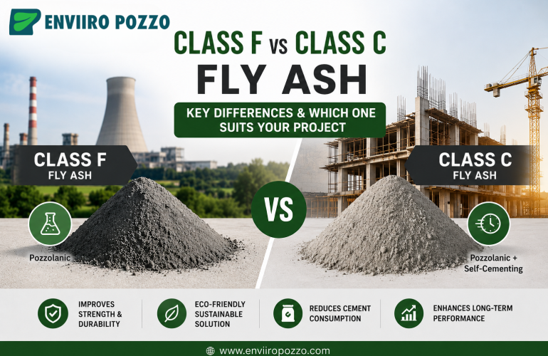 Class F vs Class C Fly Ash, Fly Ash Comparison, Class F Fly Ash, Class C Fly Ash, Fly Ash for Concrete, Pozzolanic Fly Ash, Self Cementing Fly Ash, Fly Ash Supplier India, Premium Fly Ash, Sustainable Construction Materials, Concrete Admixture, Low Carbon Building Materials, Industrial Fly Ash, Enviiro Pozzo Fly Ash, High Performance Concrete