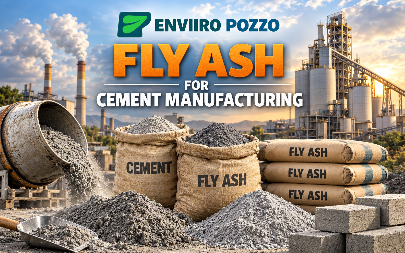 Enviiro Pozzo fly ash for cement manufacturing with industrial cement plant, fly ash bags and construction materials.fly ash for cement manufacturing, Enviiro Pozzo fly ash, Class F fly ash, fly ash supplier India, fly ash exporter India, cement industry fly ash, fly ash for concrete, industrial fly ash, bulk fly ash supply, sustainable construction materials, low carbon cement materials, fly ash for cement plants, construction grade fly ash, fly ash export supplier, cement manufacturing materials